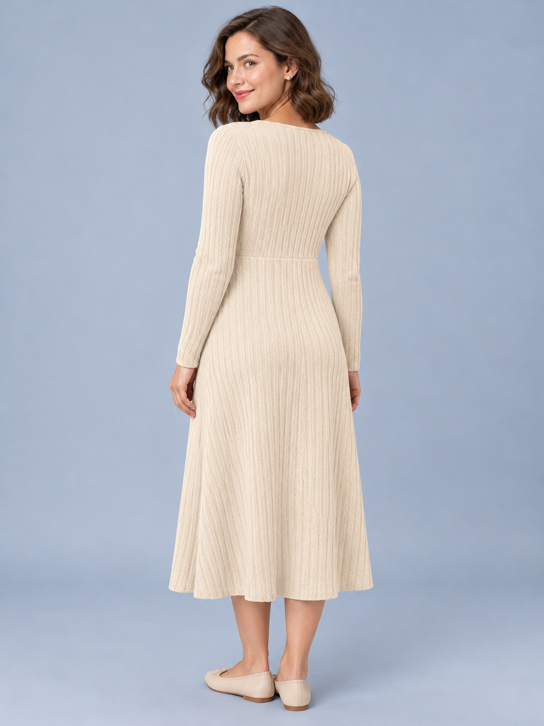 Matilda Apricot maternity dress — back view of the smooth ribbed knit panel