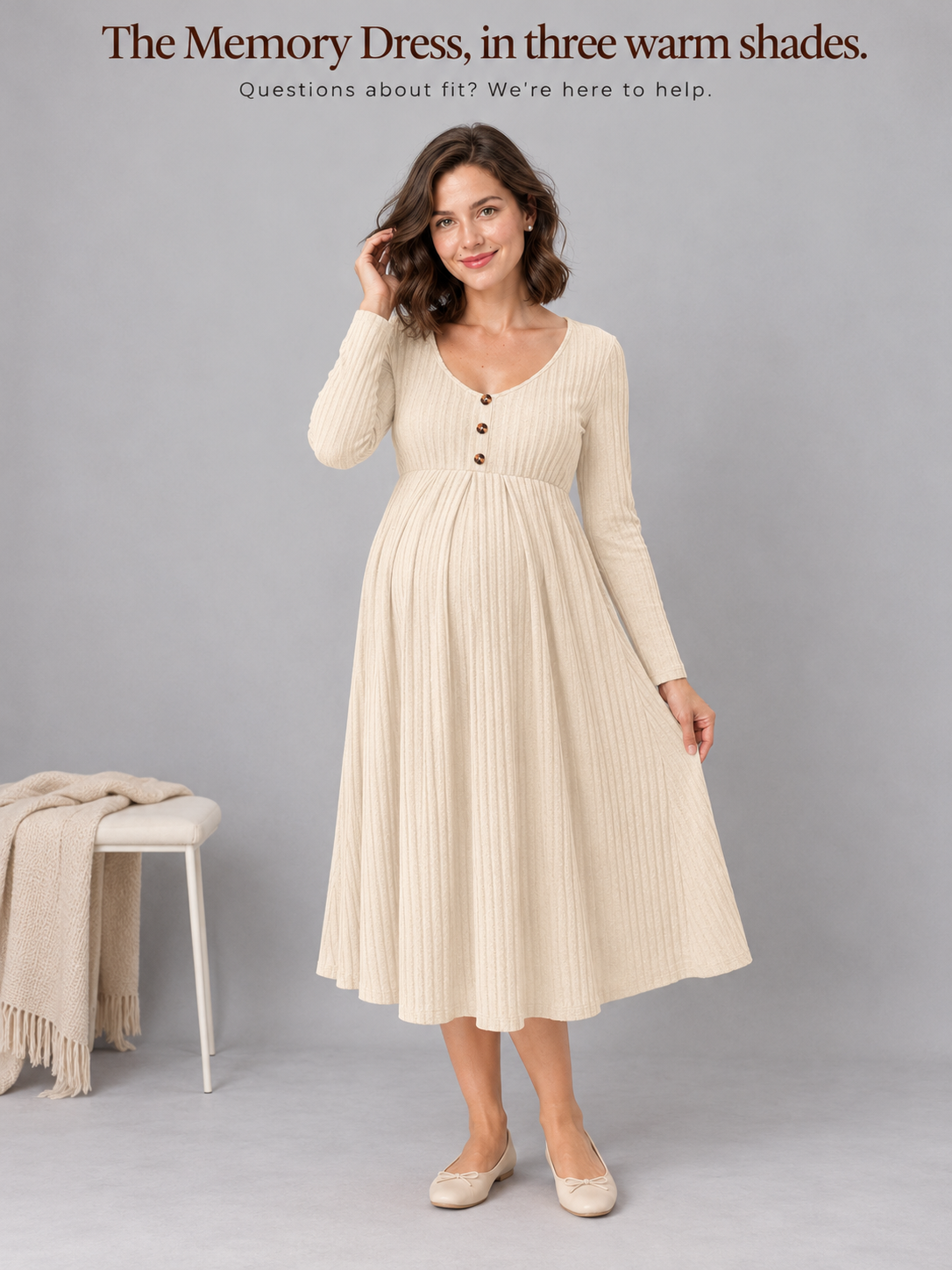 Matilda Apricot maternity dress — standing full length against a plain studio backdrop