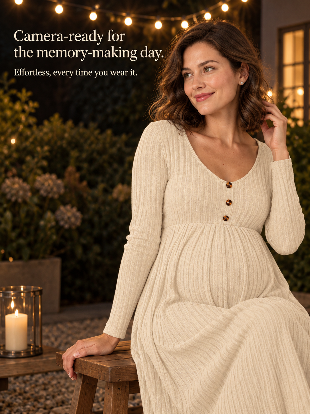 Matilda Apricot maternity dress — seated outdoors at night beside string lights and lanterns