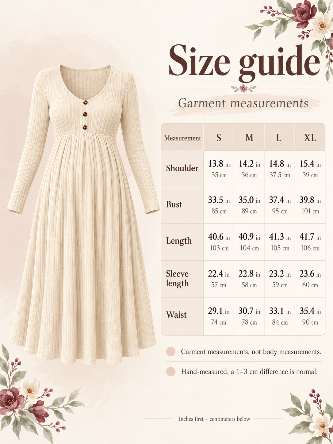 Matilda Apricot maternity dress — size guide with S to XL garment measurements in inches and centimeters