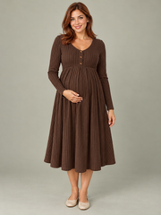 Matilda Coffee Brown maternity dress — front view with V-neck button placket and A-line skirt