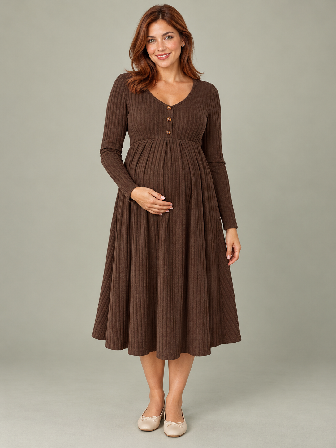 Matilda Coffee Brown maternity dress — front view with V-neck button placket and A-line skirt