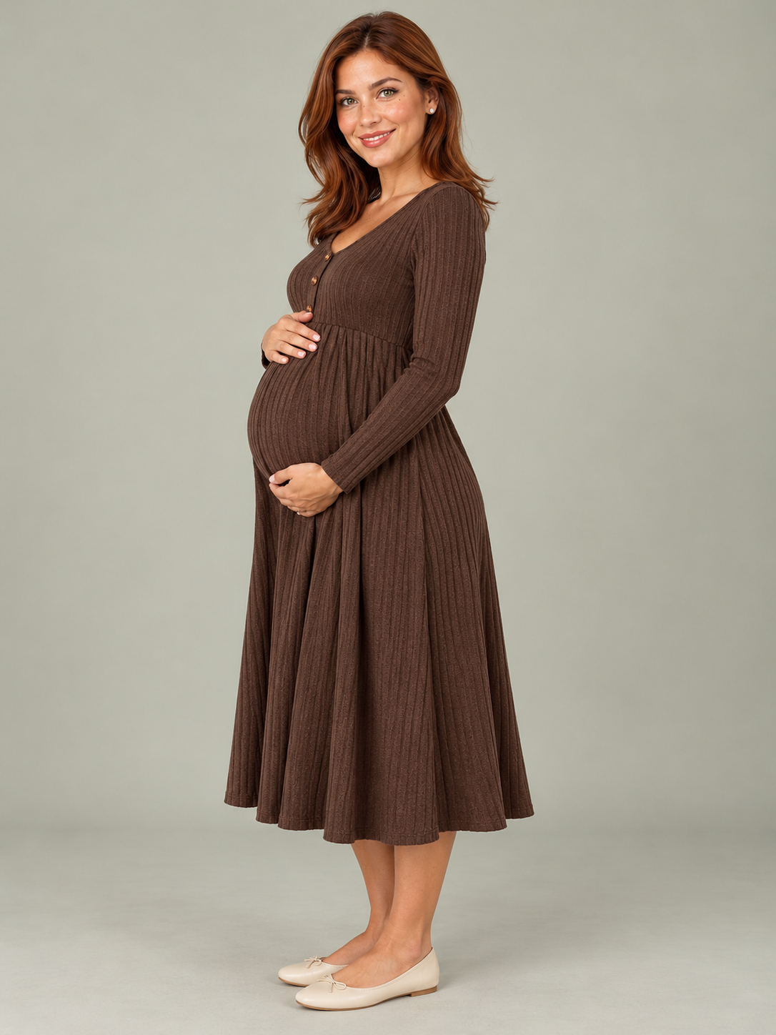 Matilda Coffee Brown maternity dress — three-quarter view showing the high waist and bump