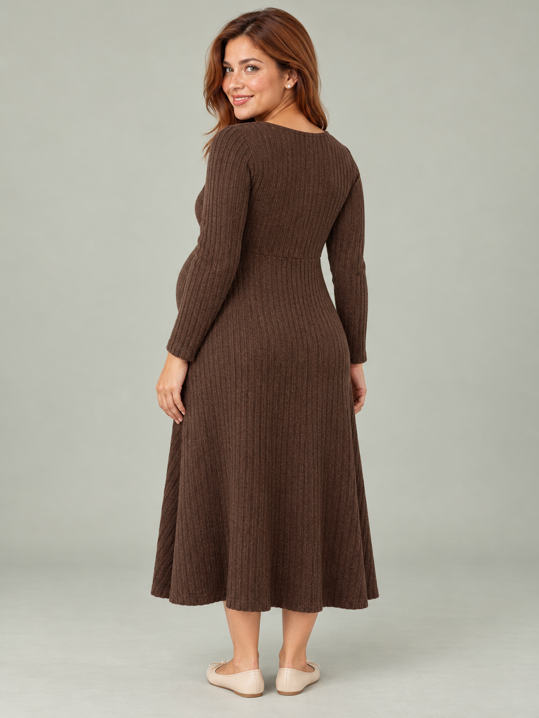 Matilda Coffee Brown maternity dress — back view of the smooth ribbed knit panel