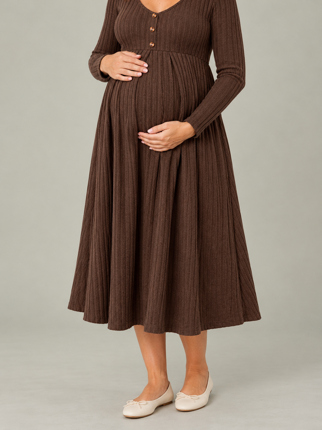 Matilda Coffee Brown maternity dress — close-up of the gathered waist seam over the bump