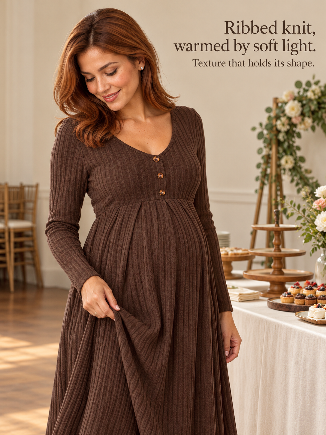 Matilda Coffee Brown maternity dress — standing near a dessert table in an event room