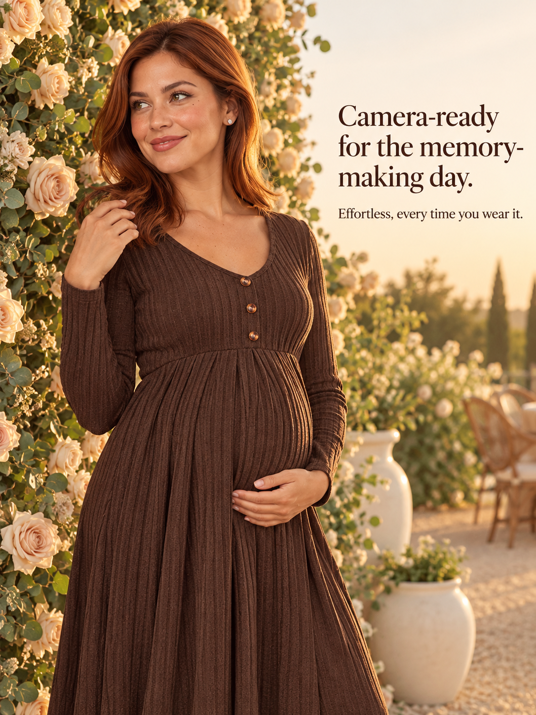 Matilda Coffee Brown maternity dress — standing outdoors near roses touching her hair