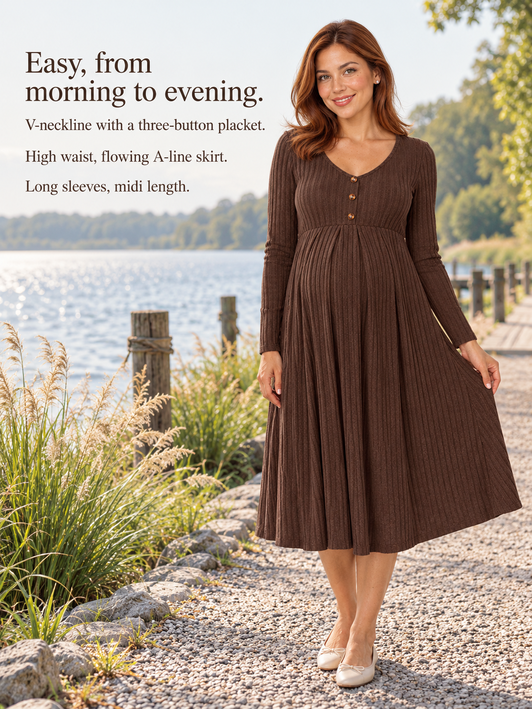 Matilda Coffee Brown maternity dress — standing outdoors on a path near a lake