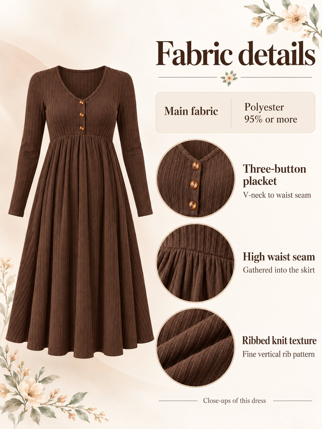 Matilda Coffee Brown maternity dress — fabric close-ups of the button placket, waist seam and ribbed knit