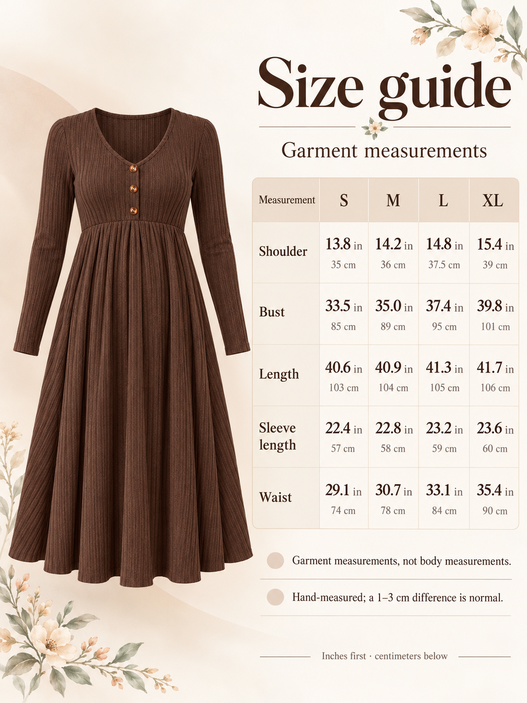 Matilda Coffee Brown maternity dress — size guide with S to XL garment measurements in inches and centimeters