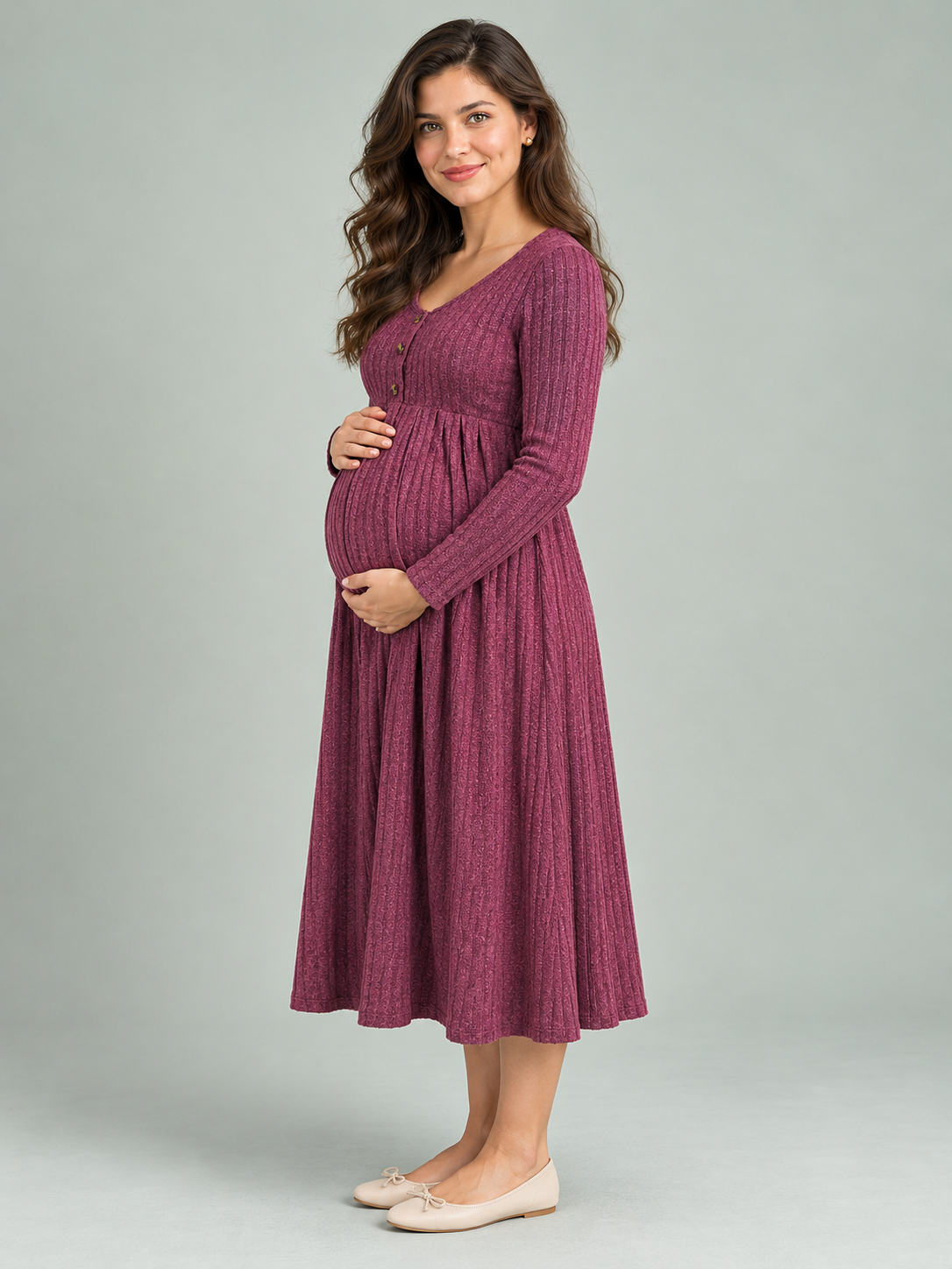 Matilda Wine Red maternity dress — three-quarter view showing the high waist and bump