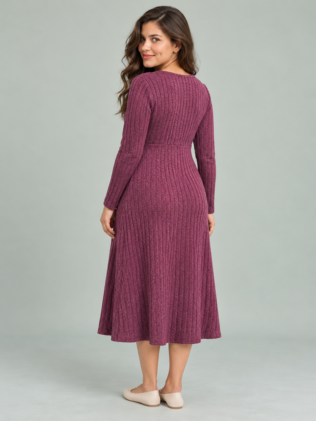 Matilda Wine Red maternity dress — back view of the smooth ribbed knit panel