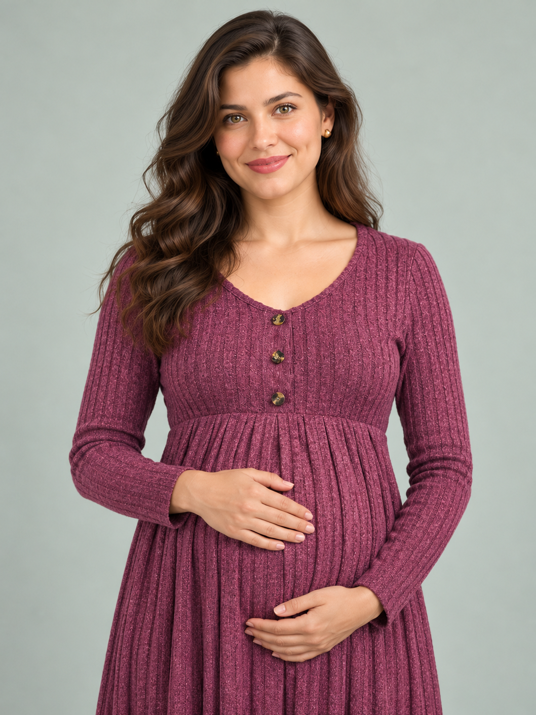 Matilda Wine Red maternity dress — close-up portrait with the button placket at the neckline