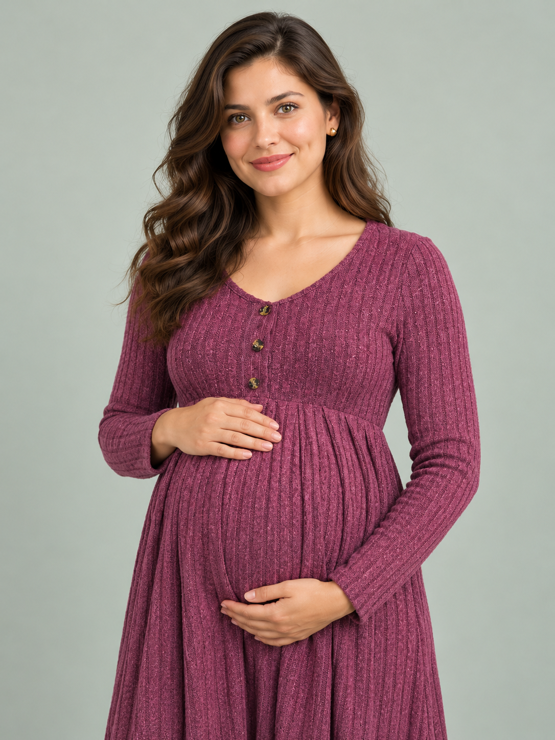 Matilda Wine Red maternity dress — close-up portrait with hands resting at the waist