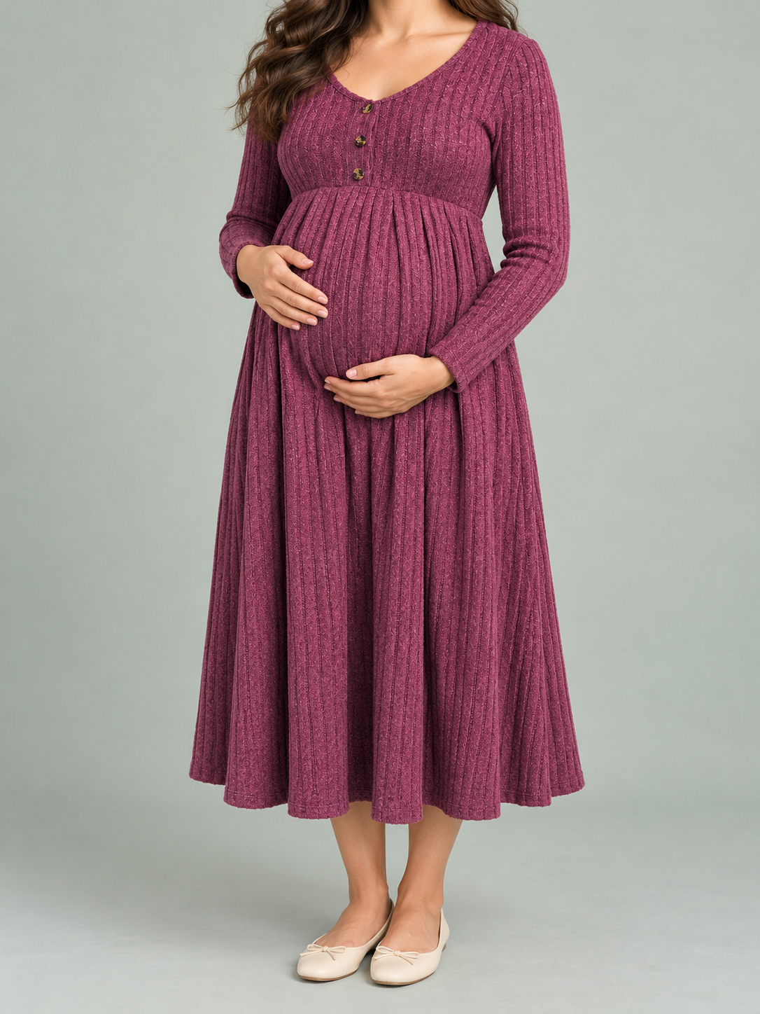 Matilda Wine Red maternity dress — close-up of the gathered waist seam over the bump