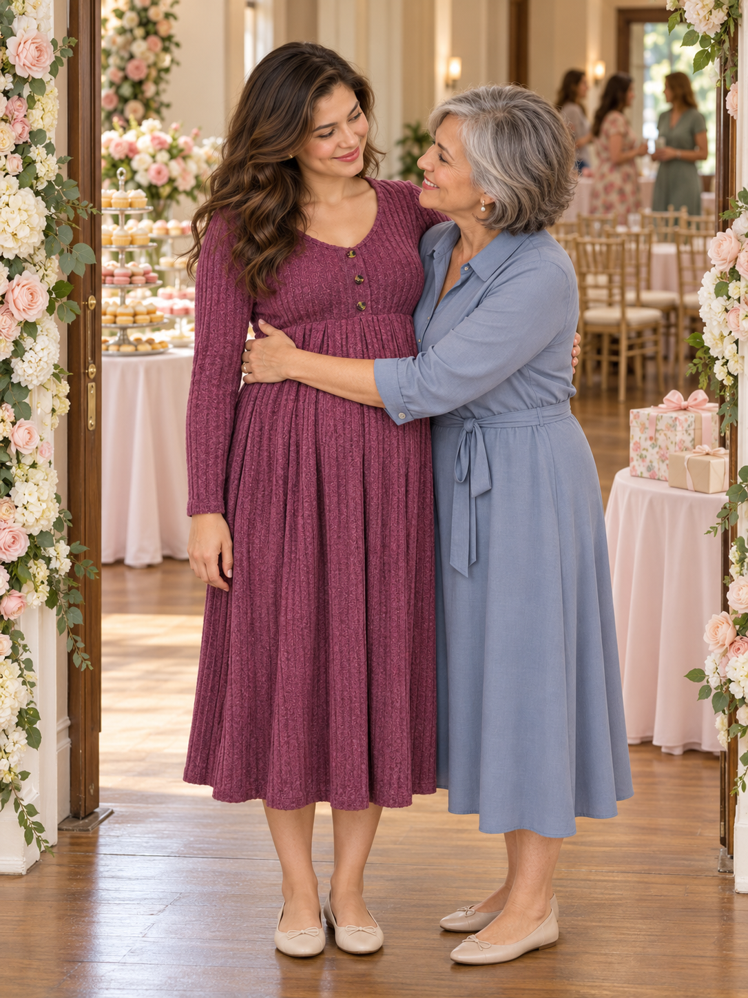 Matilda Wine Red maternity dress — embracing a guest beside a floral arch at a shower