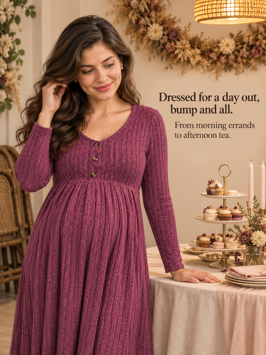 Matilda Wine Red maternity dress — standing at an outdoor cafe table set for tea