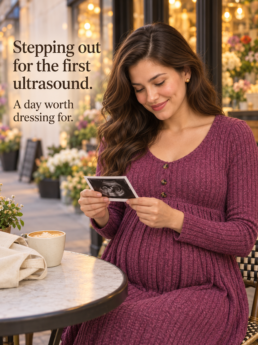Matilda Wine Red maternity dress — seated at a cafe table looking at an ultrasound photo