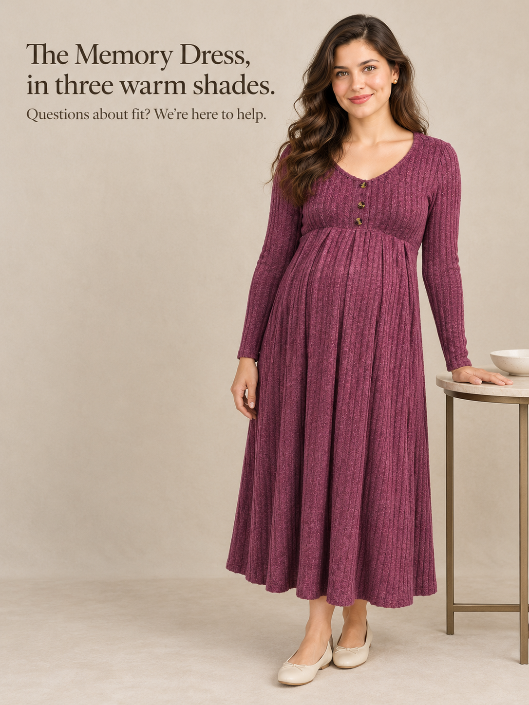 Matilda Wine Red maternity dress — standing full length against a plain studio backdrop
