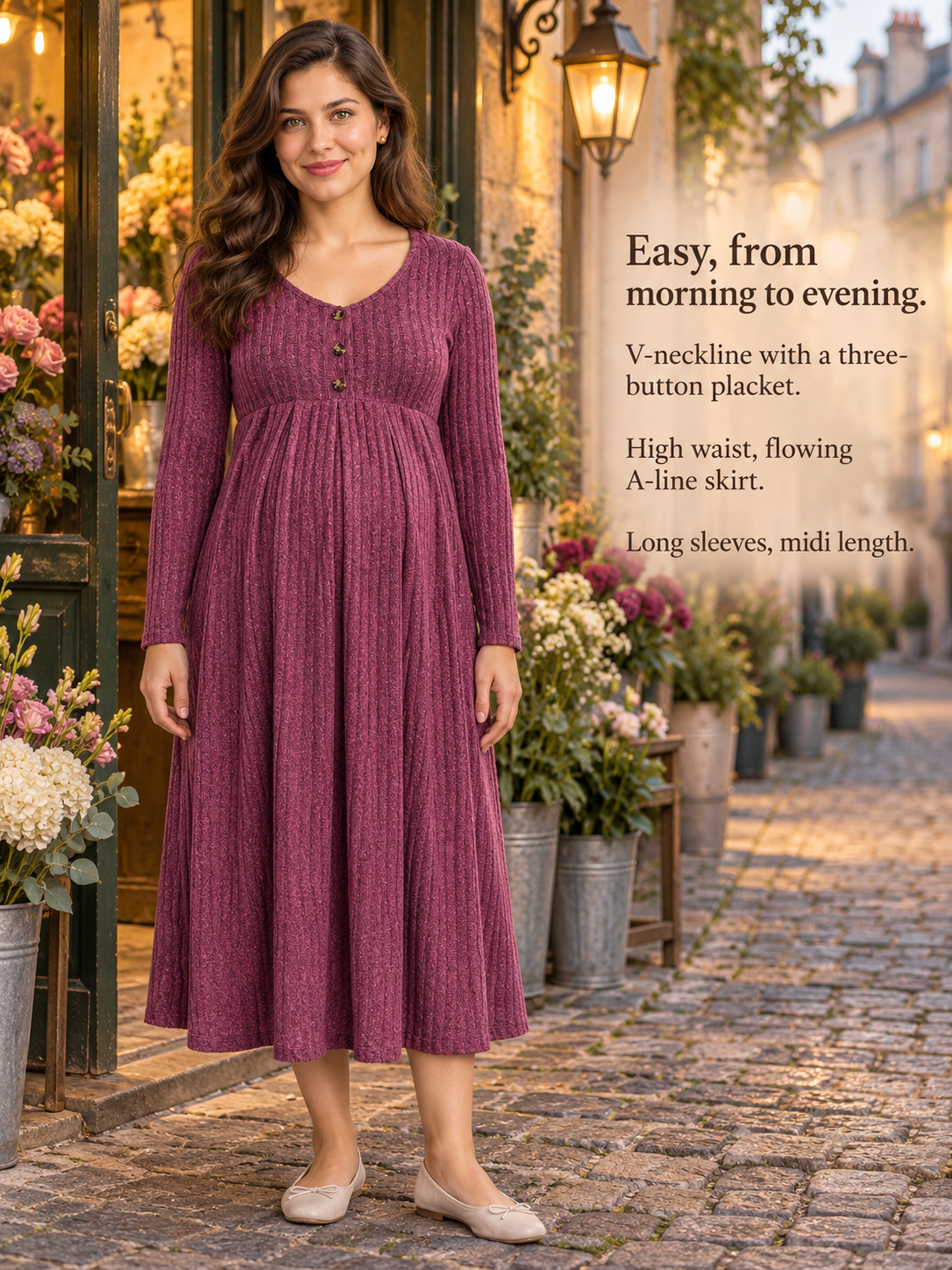 Matilda Wine Red maternity dress — standing outside a flower shop in the evening
