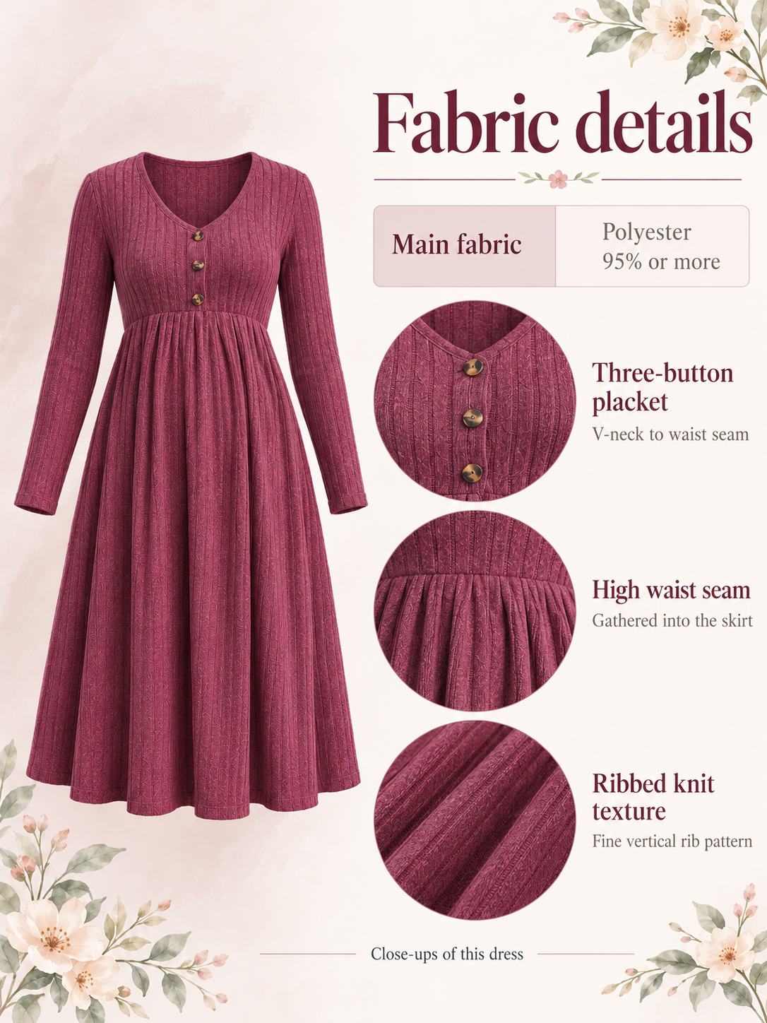 Matilda Wine Red maternity dress — fabric close-ups of the button placket, waist seam and ribbed knit