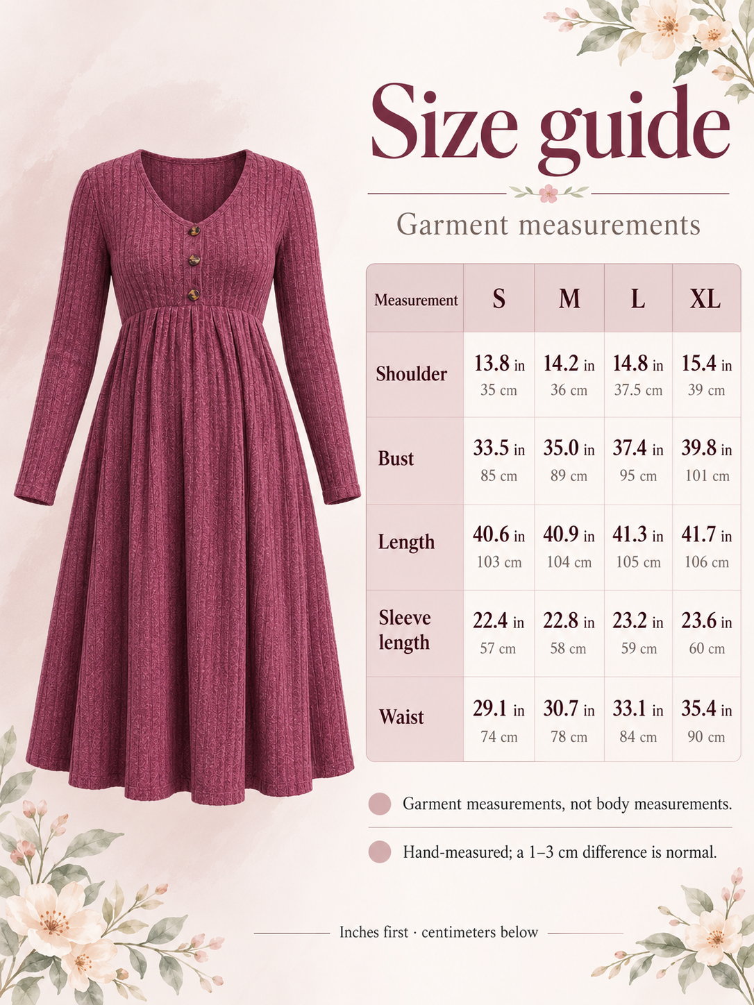 Matilda Wine Red maternity dress — size guide with S to XL garment measurements in inches and centimeters