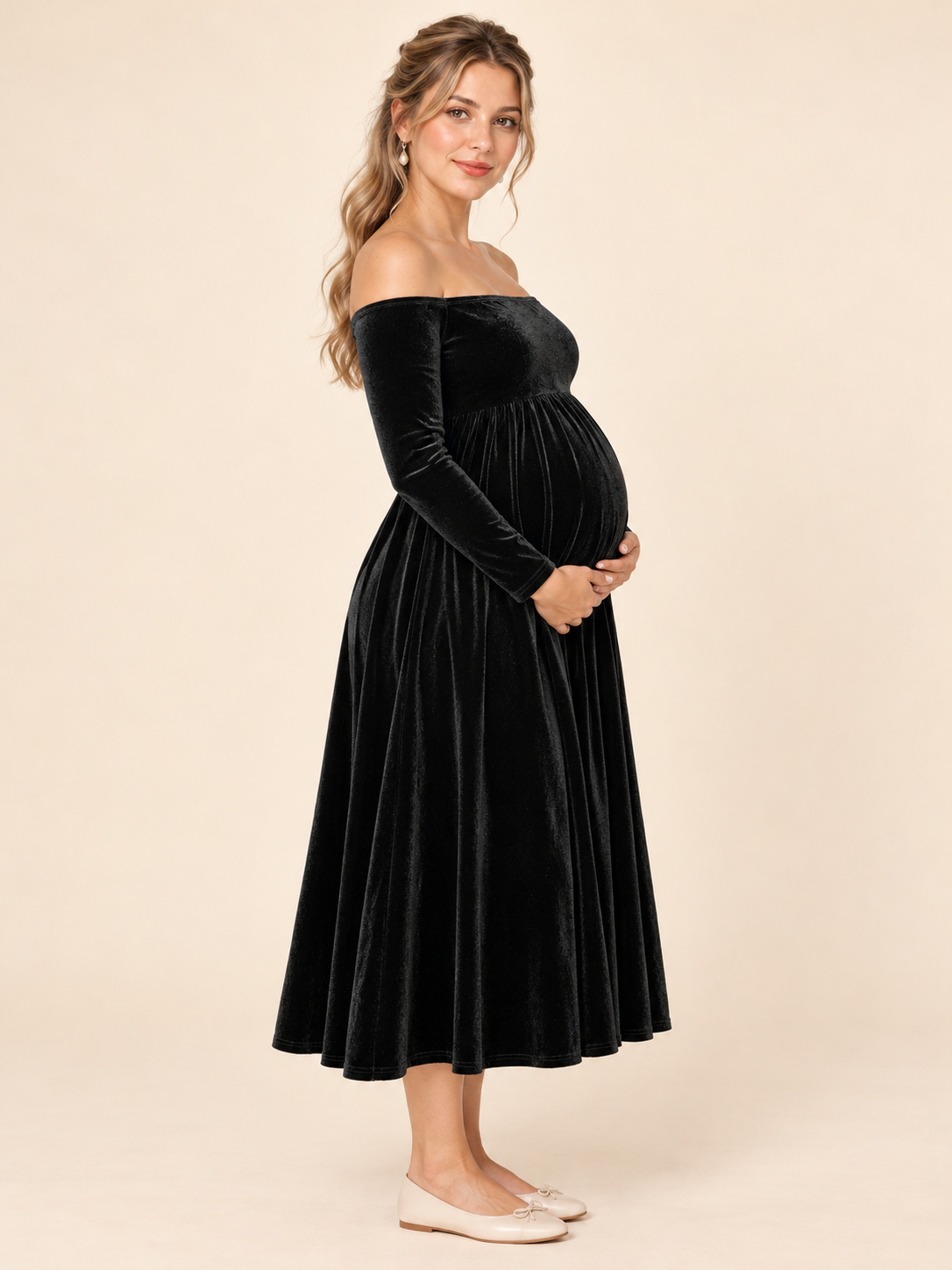 Colette Black maternity dress — side profile showing the maternity silhouette