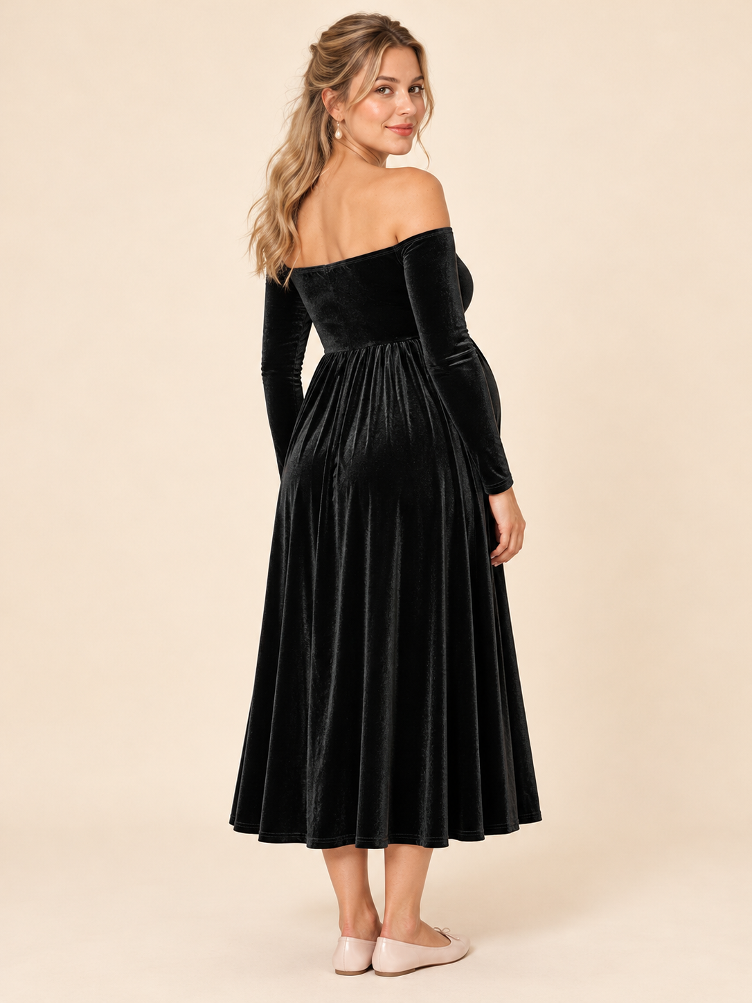 Colette Black maternity dress — back view with plain velvet back, no closures