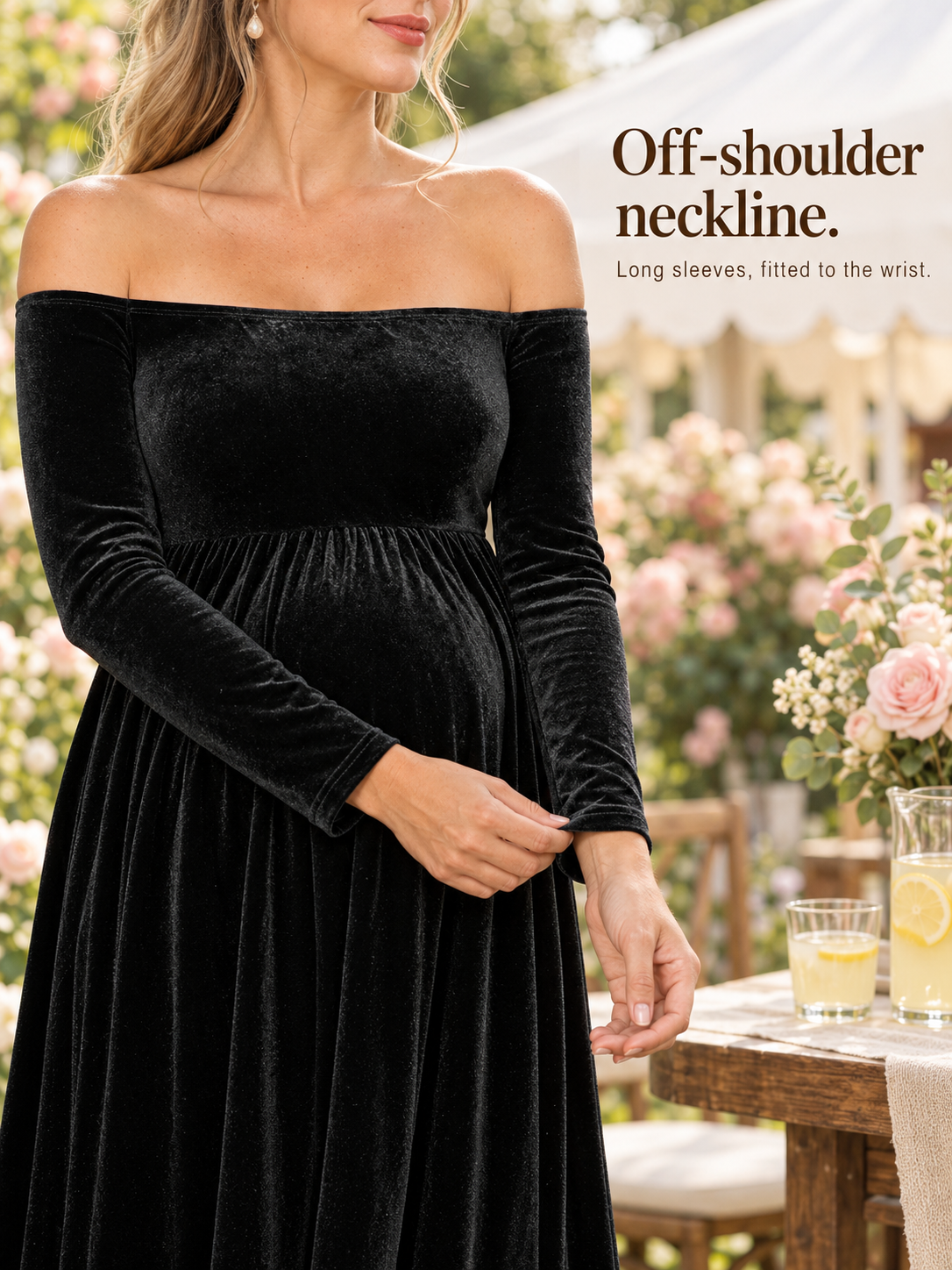 Colette Black maternity dress — neckline and shoulder close-up at an outdoor table