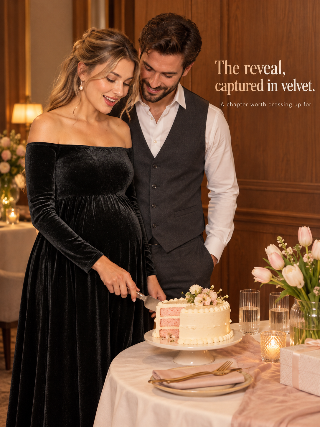 Colette Black maternity dress — cutting a celebration cake with a partner