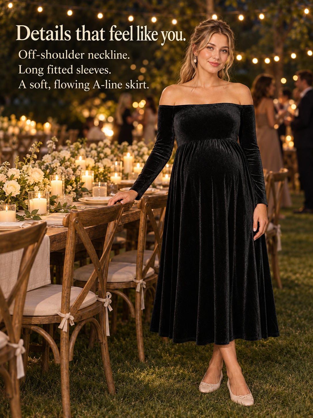 Colette Black maternity dress — standing at an outdoor dinner table lit with string lights