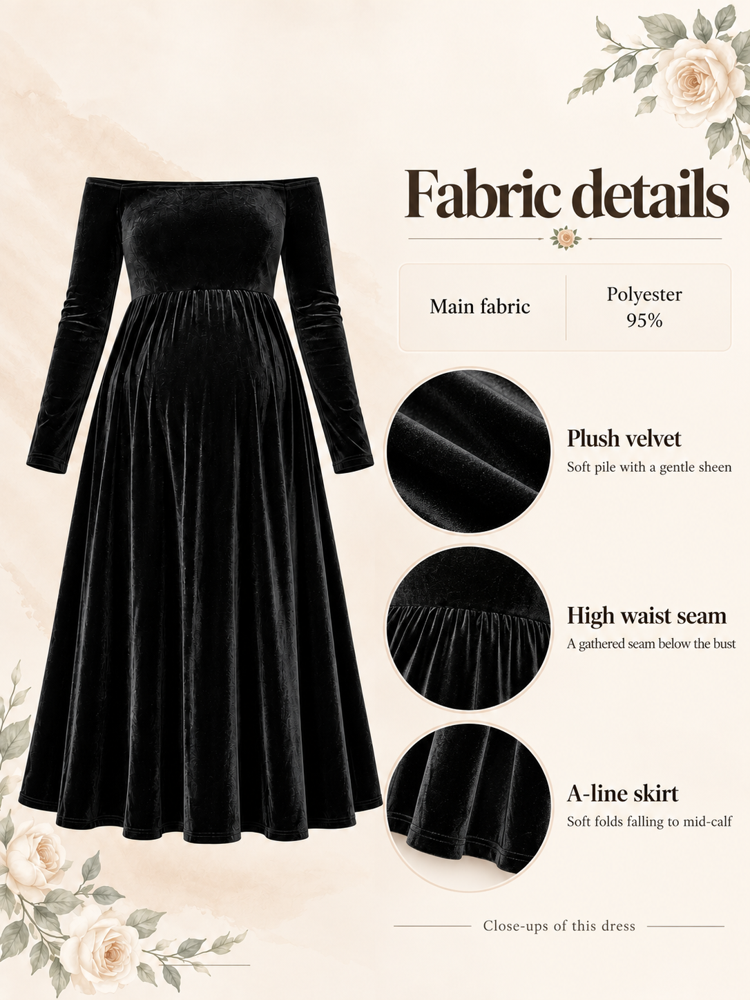 Colette Black maternity dress — material guide showing the velvet pile, waist seam and skirt drape