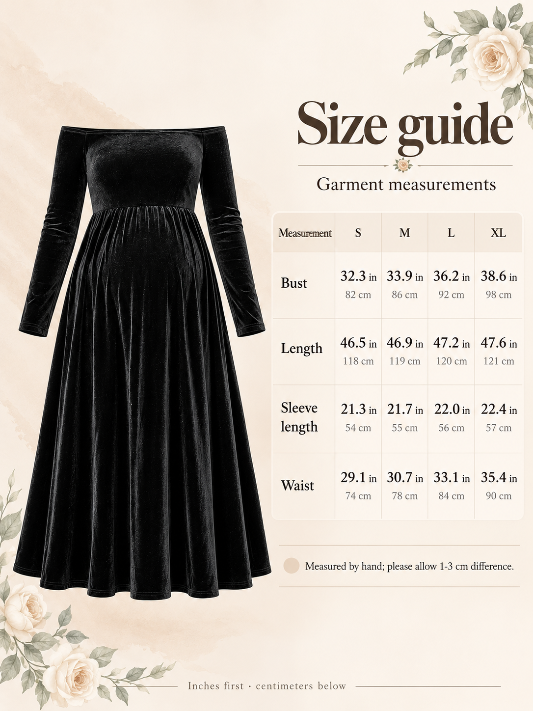 Colette Black maternity dress — size guide with S to XL garment measurements in inches and centimeters