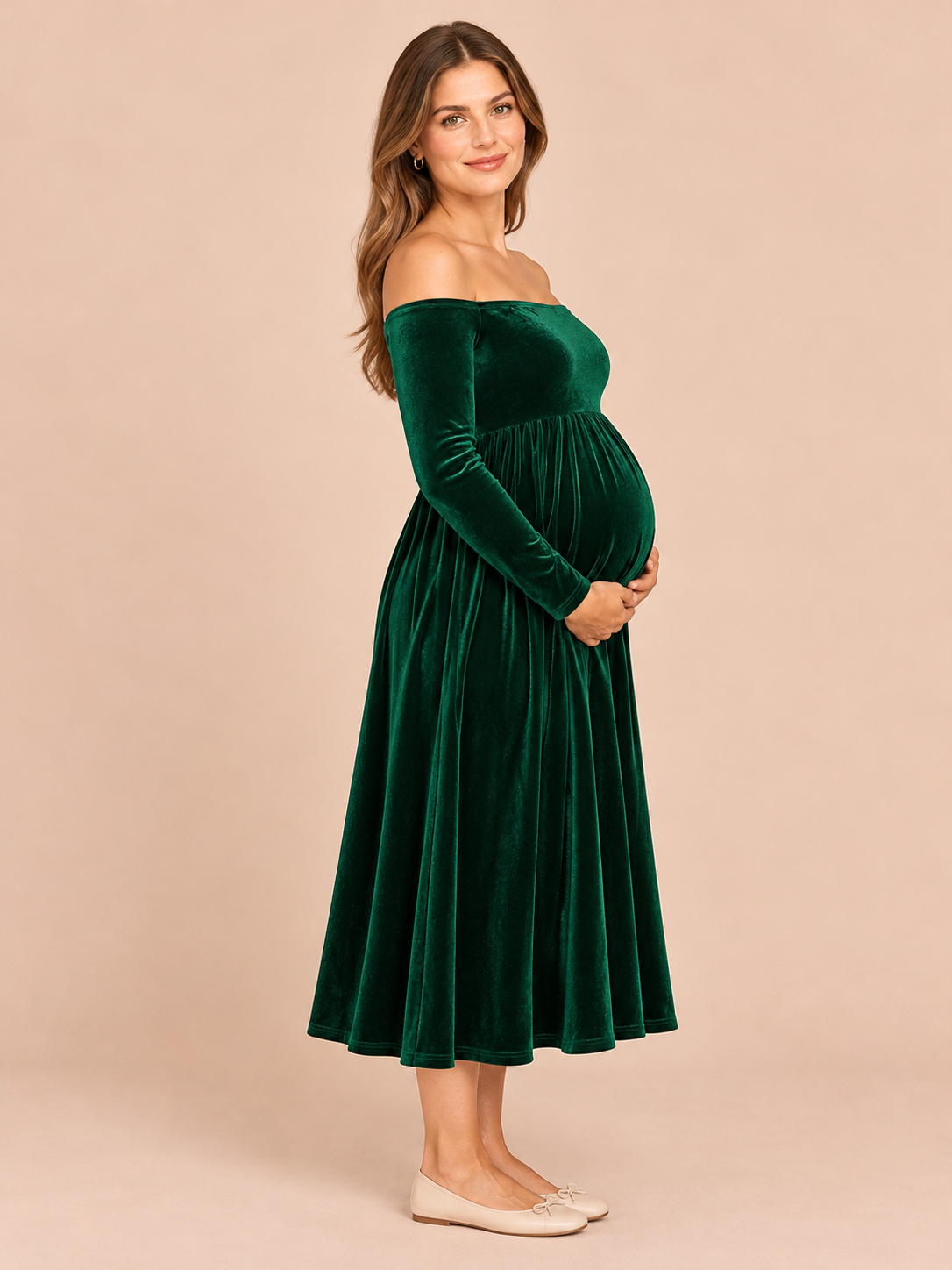Colette Forest Green maternity dress — side profile showing the maternity silhouette