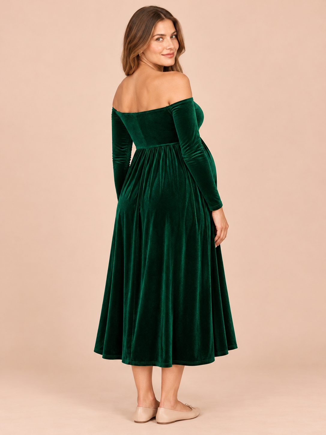 Colette Forest Green maternity dress — back view with plain velvet back, no closures