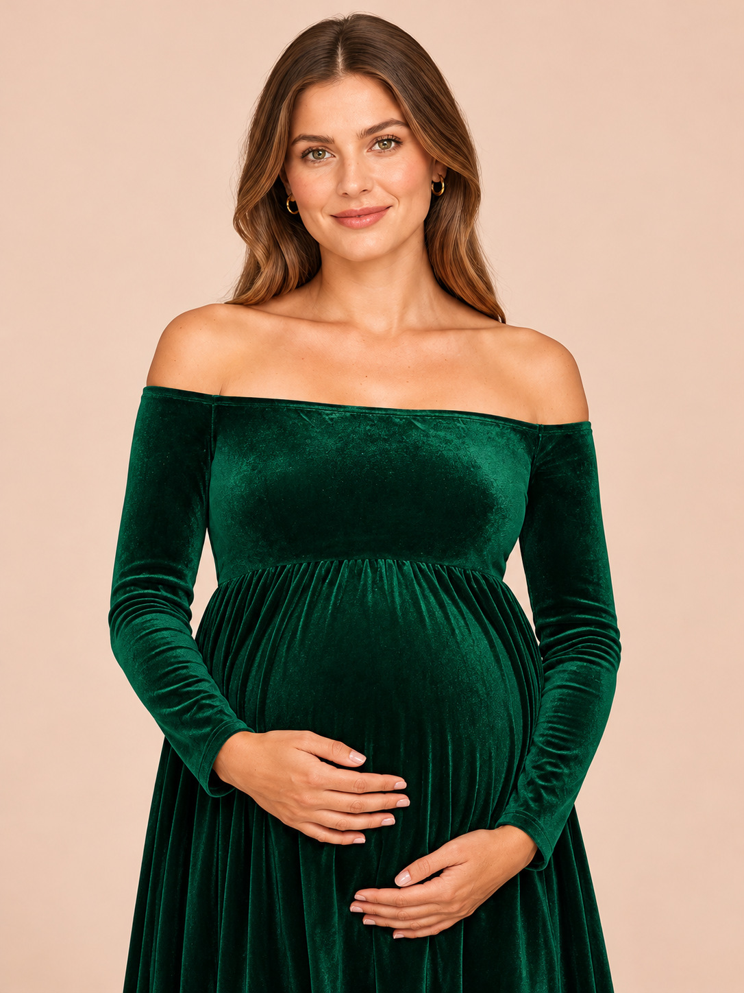 Colette Forest Green maternity dress — close-up of the neckline and bodice, smiling