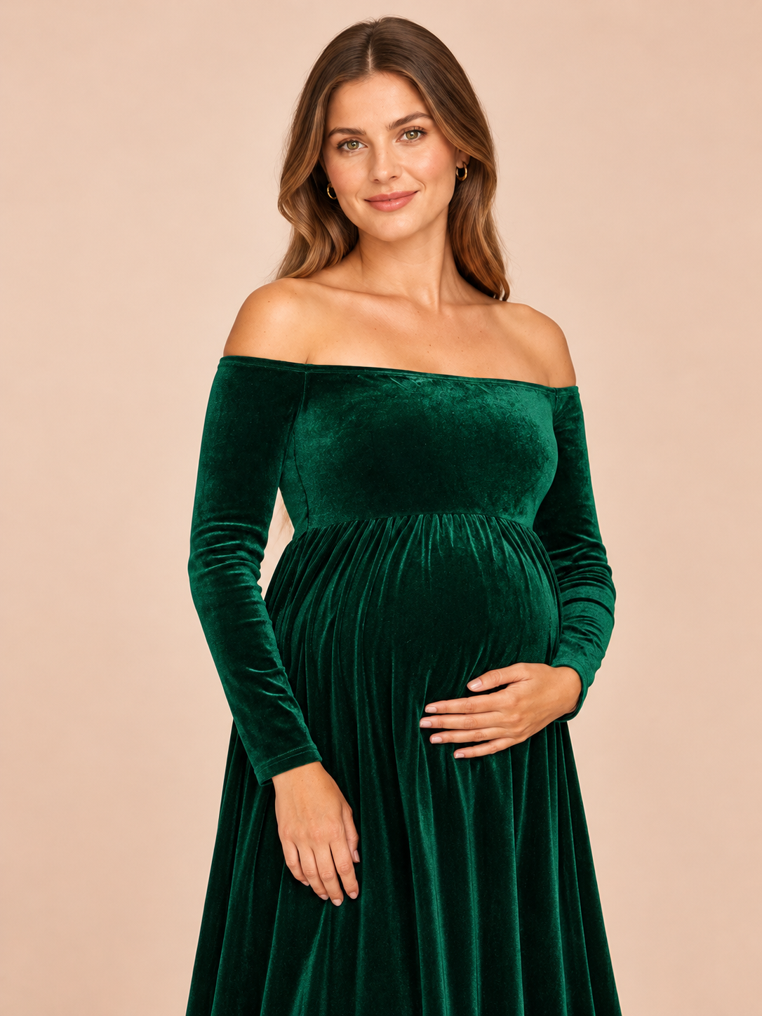 Colette Forest Green maternity dress — front view with hands cradling the belly