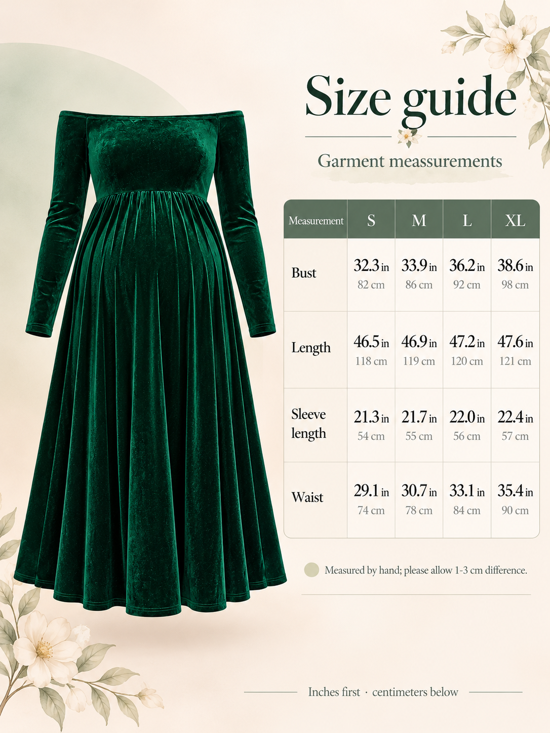 Colette Forest Green maternity dress — size guide with S to XL garment measurements in inches and centimeters