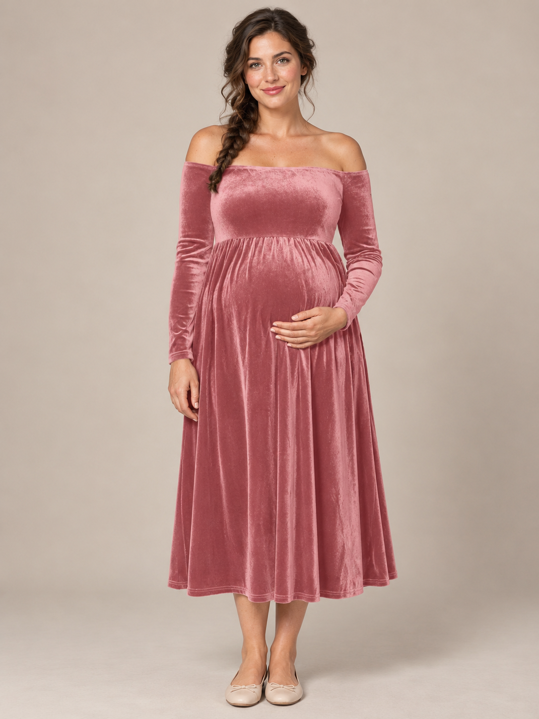 Colette Dusty Rose maternity dress — front view, hands resting on the belly