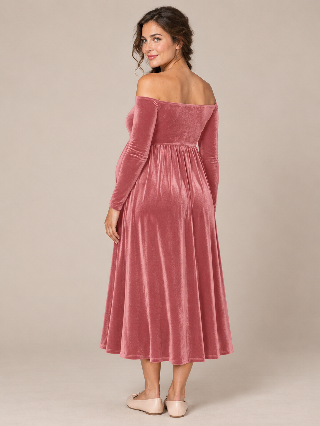 Colette Dusty Rose maternity dress — back view with plain velvet back, no closures