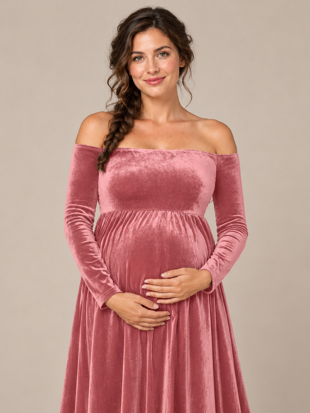 Colette Dusty Rose maternity dress — close-up of the neckline and bodice, smiling