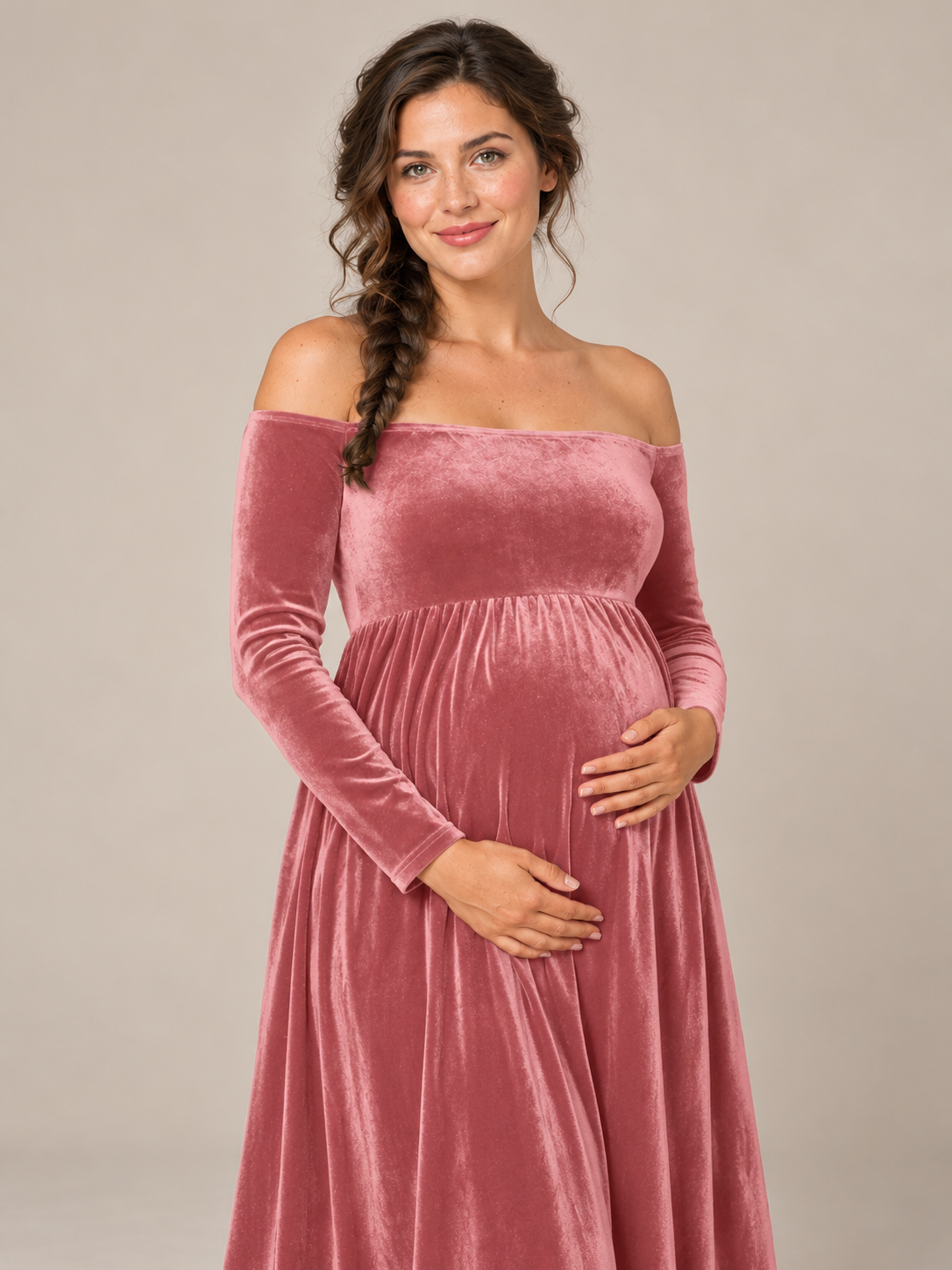 Colette Dusty Rose maternity dress — front view with hands cradling the belly