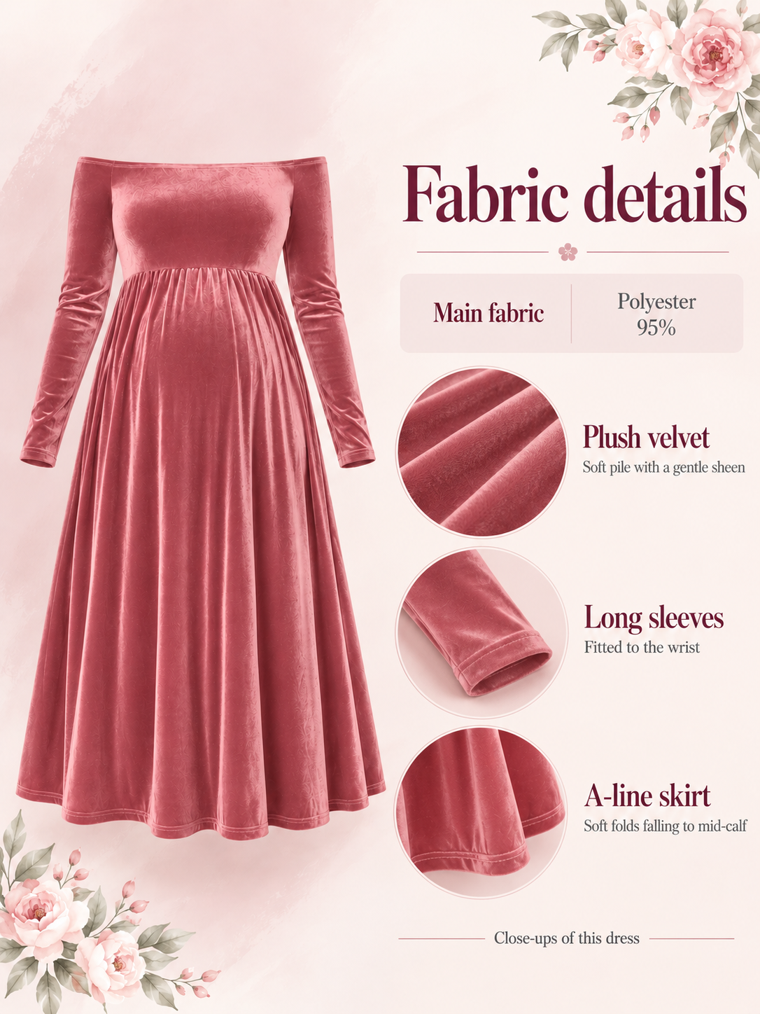 Colette Dusty Rose maternity dress — material guide showing the velvet pile, sleeve and skirt drape