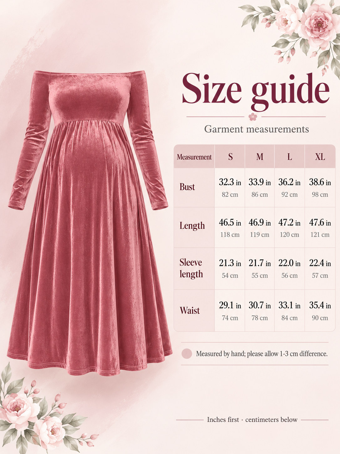 Colette Dusty Rose maternity dress — size guide with S to XL garment measurements in inches and centimeters