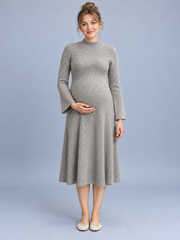 Simone Oatmeal Heather maternity dress — front view with mock neckline, bell sleeves and A-line midi skirt