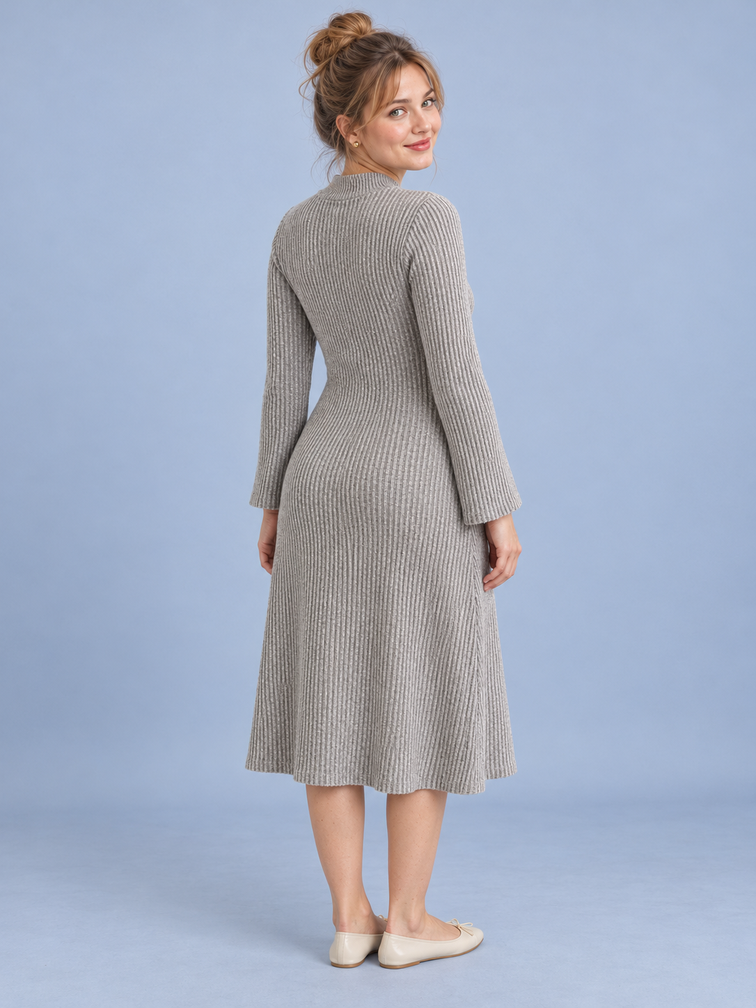 Simone Oatmeal Heather maternity dress — back view of the seamless ribbed knit back