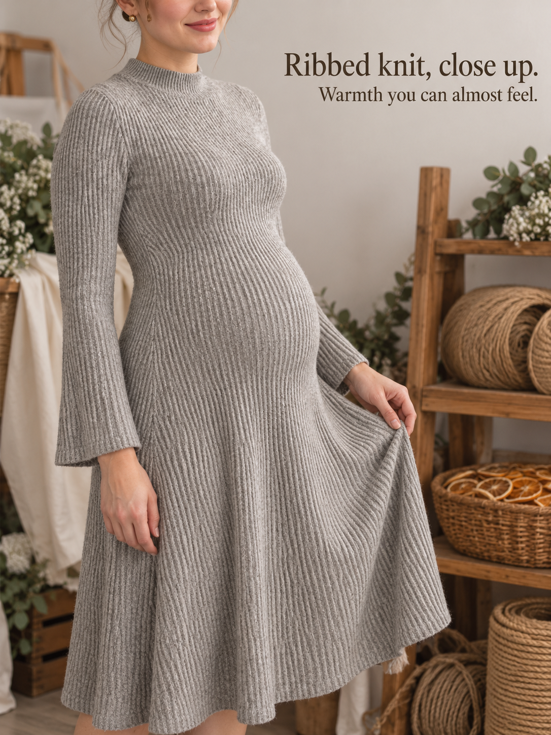 Simone Oatmeal Heather maternity dress — holding out the skirt to show the ribbed knit