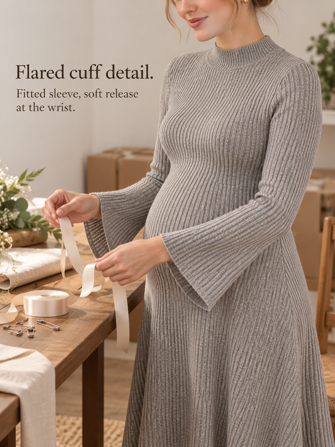 Simone Oatmeal Heather maternity dress — tying ribbon at a table, sleeve and cuff visible