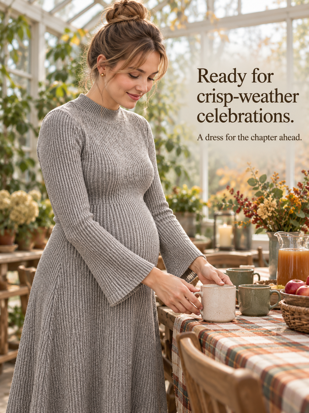 Simone Oatmeal Heather maternity dress — arranging a mug and flowers on a greenhouse table