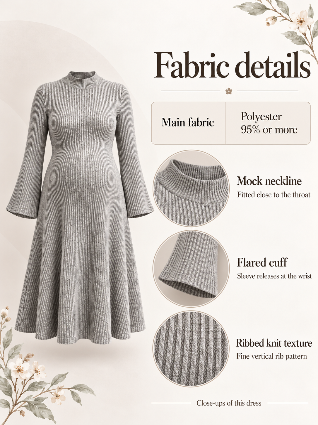 Simone Oatmeal Heather maternity dress — material guide showing the ribbed knit fabric, mock neckline and flared cuff